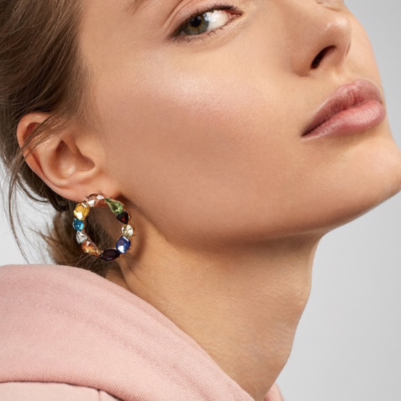 'Living' Round Rhinestone Fun Hoop Earrings - Picture 3 of 7